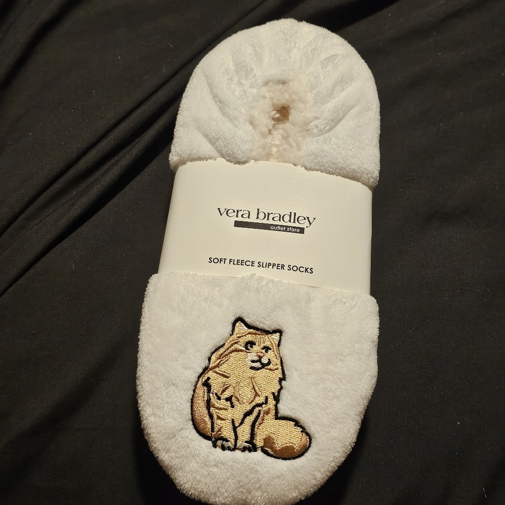 Vera Bradley A Cat' Life Cream Size Large (9/10) Fleece Slipper Socks
